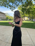 Classic Mermaid Halter Black Pleated Satin Slit Long Prom Dress,Formal Dress HZ1024
