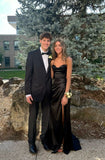 Classic Mermaid Halter Black Pleated Satin Slit Long Prom Dress,Formal Dress HZ1024