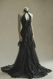 Vintage A Line Halter Black Satin Tulle Lace Long Prom Dress,Formal Dress HZ1024