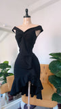 Modest Mermaid Black Off The Shoulder Satin Ruffle Short Homecoming Dress 20th Birthday Outfits HZ1024