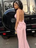 Pretty Mermaid Spaghetti Straps Pink Satin Backless Long Prom Dress,Formal Dress HZ1024