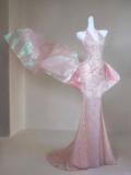 Gorgeous Mermaid Halter Light Pink Satin Beaded Long Prom Dress,Formal Evening Dress HZ1024