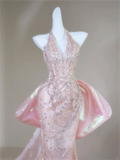 Gorgeous Mermaid Halter Light Pink Satin Beaded Long Prom Dress,Formal Evening Dress HZ1024