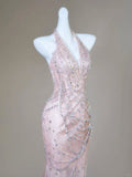 Gorgeous Mermaid Halter Light Pink Satin Beaded Long Prom Dress,Formal Evening Dress HZ1024