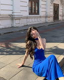 Unique Royal Blue Mermaid V Neck Satin Long Prom Dress,Formal Evening Dress HZ1024
