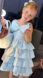 Cute A Line Pale Blue Tiered Satin With Bow Flower Girl Dress HZ1024