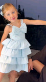 Cute A Line Pale Blue Tiered Satin With Bow Flower Girl Dress HZ1024