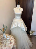 Princess A Line Strapless Satin Tulle Long Prom Dress,Wedding Dress,Evening Dress HZ1024