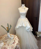 Princess A Line Strapless Satin Tulle Long Prom Dress,Wedding Dress,Evening Dress HZ1024