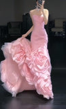 Unique Mermaid Pink Strapless Satin Tulle Long Prom Dress, Evening Dress HZ1024