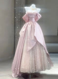 Beautiful A Line Off The Shoulder Pink Satin Tulle Sequin Long Prom Dress, Evening Dress HZ1024