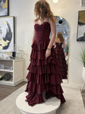 Chic A Line Spaghetti Straps Tiered Chiffon Lace Long Prom Dress, Evening Dress HZ1024
