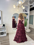 Chic A Line Spaghetti Straps Tiered Chiffon Lace Long Prom Dress, Evening Dress HZ1024