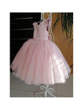 Pink Ball Gown Satin Tulle Ruffle Sleeves Back With Bow Knot Flower Girl Dress HZ1024