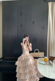 Sweet A Line Spaghetti Straps Satin Tiered Chiffon Long Prom Dress, Evening Dress HZ1024