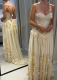 Pretty A Line Strapless Chiffon Lace Long Prom Dress, Evening Dress HZ1024