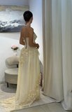 Pretty A Line Strapless Chiffon Lace Long Prom Dress, Evening Dress HZ1024