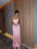 Romantic A Line Spaghetti Straps Pink Satin Sequin Tassel Long Prom Dress, Evening Dress HZ1024
