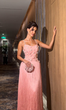 Romantic A Line Spaghetti Straps Pink Satin Sequin Tassel Long Prom Dress, Evening Dress HZ1024