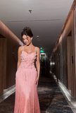 Romantic A Line Spaghetti Straps Pink Satin Sequin Tassel Long Prom Dress, Evening Dress HZ1024