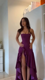 Chic A Line Strapless Satin Ruffle Hem Slit Long Prom Dress, Evening Dress HZ1024