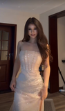 Shiny Mermaid Strapless Tulle Sequin Slit Long Prom Dress, Evening Dress HZ1024