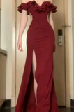 Formal Mermaid Off The Shoulder Burgundy Satin Slit Long Prom Dress, Evening Dress HZ1024