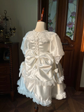 Vintage Princess A Line Tiered Satin Lace With Short Sleeves Flower Girl Dress HZ1024