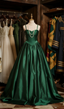 Elegant Ball Gown Dark Green Spaghetti Straps Satin Long Prom Dress, Evening Dress HZ1024