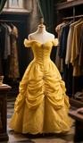 Princess Yellow Ball Gown Off The Shoulder Satin Lace Long Prom Dress, Evening Dress HZ1024
