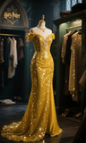Shiny Sexy Yellow Mermaid Off The Shoulder Sequin Slit Long Prom Dress, Evening Dress HZ1024