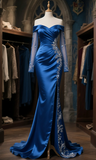 Elegant Style Mermaid Off The Shoulder Satin Tulle Long Sleeves Beaded Slit Long Prom Dress, Evening Dress HZ1024