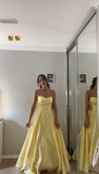 Elegant Yellow A Line Strapless Satin Long Prom Dress, Evening Dress HZ1024