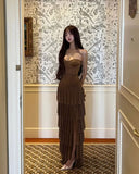 Pretty Brown A Line Sweetheart Chiffon Tiered Slit Long Prom Dress, Evening Dress HZ1024
