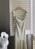 Sexy Mermaid Straps Sage Green Silk Satin Long Prom Dresses HZ1024