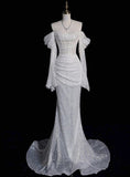 Fairytale Wedding Dress White Mermaid Sequins Long Sleeve Wedding Dresses HZ1024