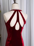 Vintage Mermaid Halter Sleeveless Velvet Burgundy Long Prom Dresses HZ1024