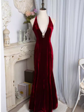 Vintage Mermaid Halter Sleeveless Velvet Burgundy Long Prom Dresses HZ1024