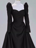 Sexy A line Long Sleeves Black Satin Long Prom Dress HZ1024
