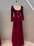 Sexy A line Long Sleeves Red Velvet Long Prom Dress HZ1024