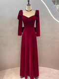 Sexy A line Long Sleeves Red Velvet Long Prom Dress HZ1024