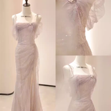 Sexy Mermaid Spaghetti Straps Pink Tulle Long Prom Dress HZ1024