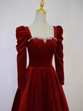 Sexy A line Long Sleeves Velvet Long Red Prom Dresses HZ1024