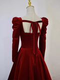 Sexy A line Long Sleeves Velvet Long Red Prom Dresses HZ1024