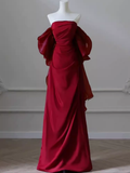 Sexy Mermaid Off The Shoulder Short Sleeves Satin Burgundy Prom Dress HZ1024