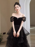 Sexy A Line Short Sleeves Black Prom Dress Tulle Birthday Outfits HZ1024