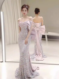 Modest Memaid Off The Shoulder Satin Sequin Prom Dress Long Evening Dress HZ1024