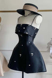 Simple Spaghetti Straps Sleeveless Beaded Satin A-Line Mini Homecoming Dress HZ1024