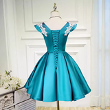 Modest A line V Neckline Blue Satin Birthday Outfits Homecoming Dress HZ1024