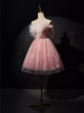 Modest Ball Gown Off The Shoulder Pink Tulle Birthday Outfits Homecoming Dress HZ1024